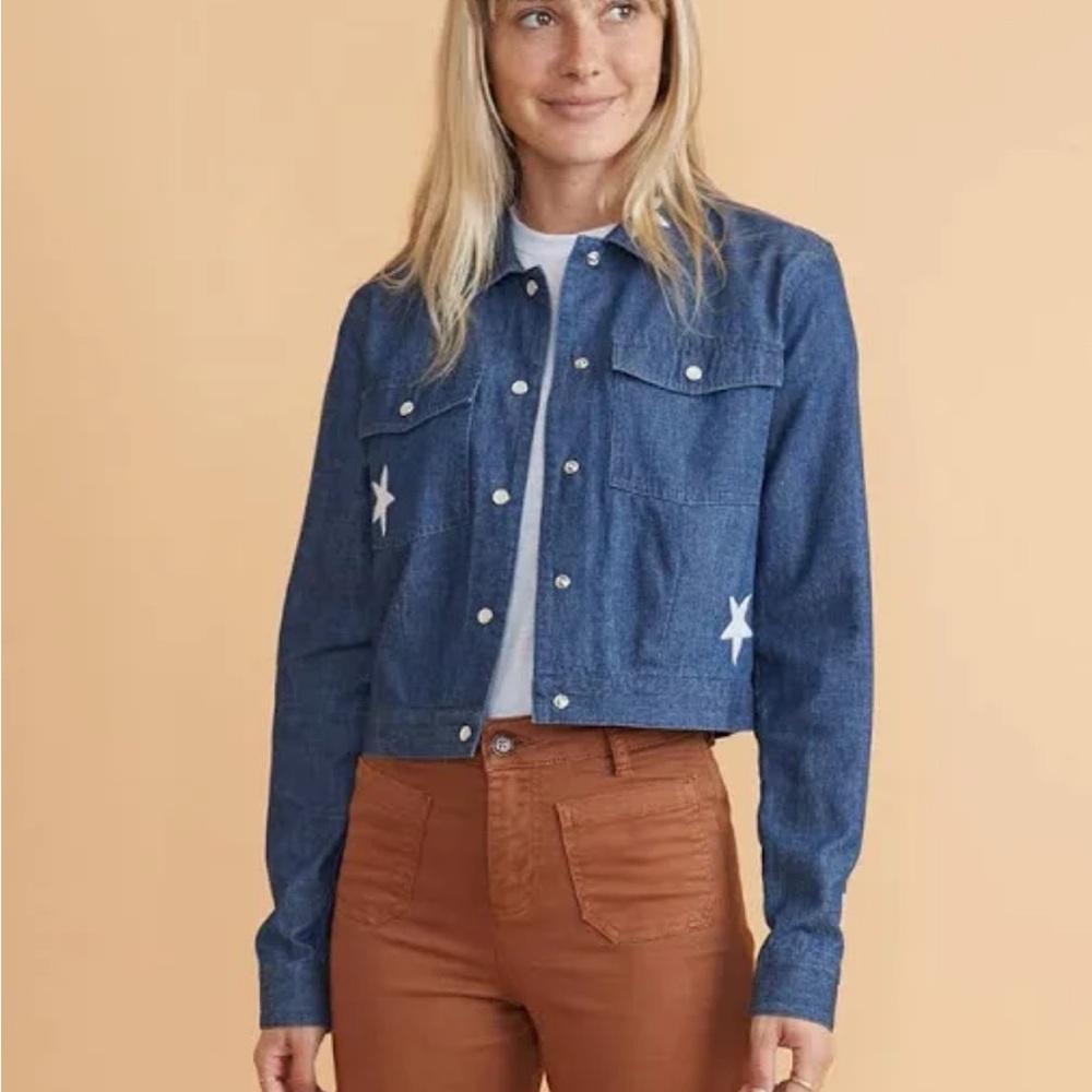 Marine Layer Blue Denim Jacket with White Embroidery